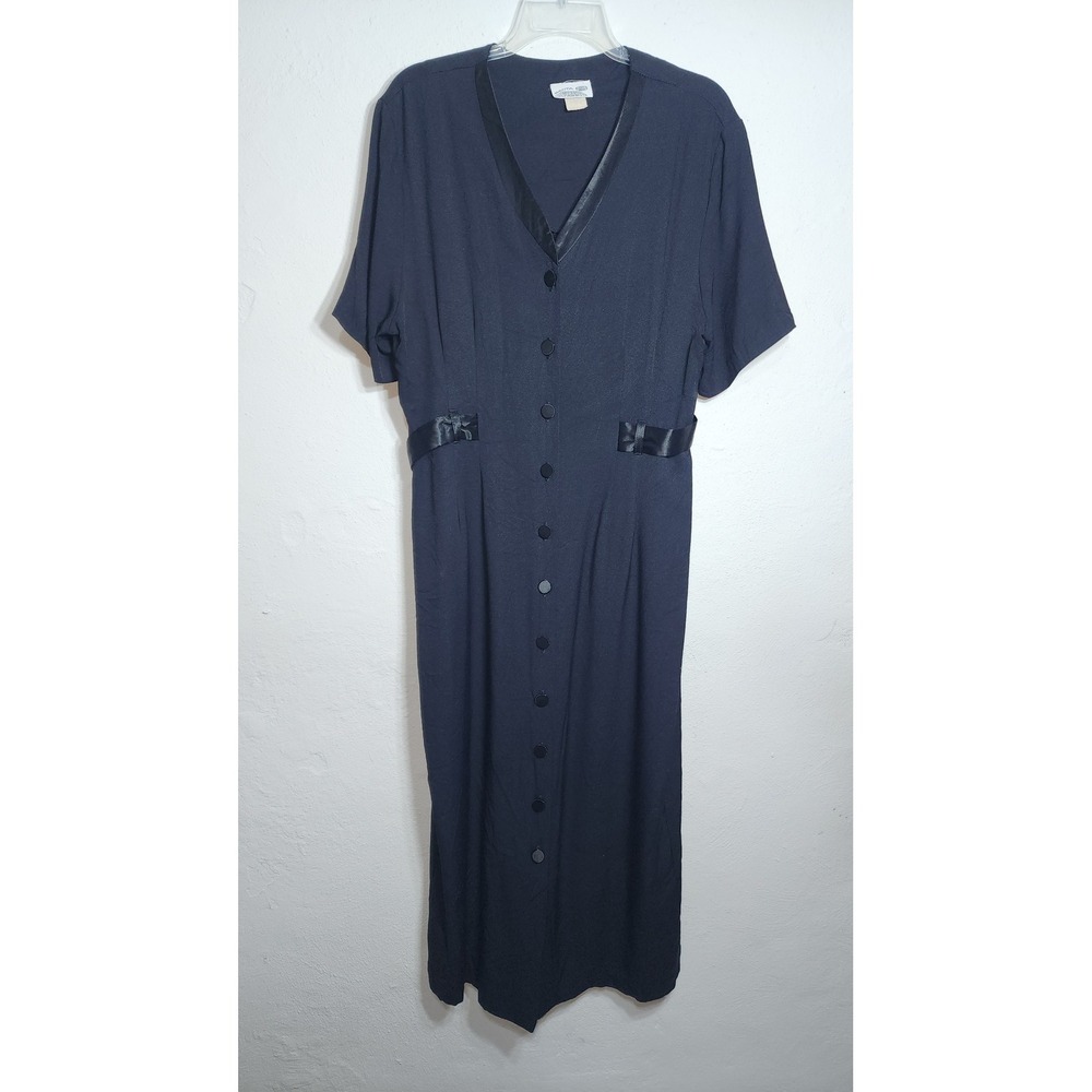 Vintage Dress Black Button Front Satin Trim Career Formal Large